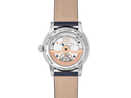 Frederique Constant Manufacture Classic Moonphase Date Automatik Edelstahl 40mm Türkis-Zifferblatt blaues Lederband limitiert – Herrenuhren Uhr mit Datum aus Edelstahl und Leder. Das Gehäuse ist rund und silber. Das Lederarmband Kroko / Alligator ist blau. Das Zifferblatt ist ein Index in türkis. – Ansicht 2