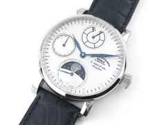 Mühle Glashütte Robert Mühle Mondphase Handaufzug Edelstahl 42mm silbernes Zifferblatt schwarzes Lederband M1-11-53 Full Set Occasion Refurbished – Herrenuhren Uhr mit Datum aus Edelstahl. Das Gehäuse ist rund und silber. Das Lederarmband ist schwarz. Das Zifferblatt ist ein Index in silber. – Ansicht 4