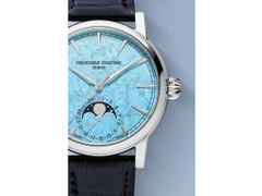 Frederique Constant Manufacture Classic Moonphase Date Automatik Edelstahl 40mm Türkis-Zifferblatt blaues Lederband limitiert – Herrenuhren Uhr mit Datum aus Edelstahl und Leder. Das Gehäuse ist rund und silber. Das Lederarmband Kroko / Alligator ist blau. Das Zifferblatt ist ein Index in türkis. – Ansicht 3
