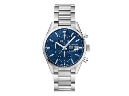 TAG Heuer Carrera Chronograph Automatik Edelstahl 41mm blaues Zifferblatt Metallband – Herrenuhren Chronograph aus Edelstahl. Das Gehäuse ist rund und silber. Das Edelstahlarmband ist silber. Das Zifferblatt ist ein Index in blau.