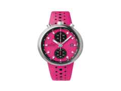 Junghans 1972 Competition Pink Edition Automatik Edelstahl 43mm pinkes Zifferblatt pinkes Lederband – Herrenuhren Chronograph aus Edelstahl und Leder. Das Gehäuse ist oval und silber. Das Lederarmband ist pink. Das Zifferblatt ist ein Index in pink.