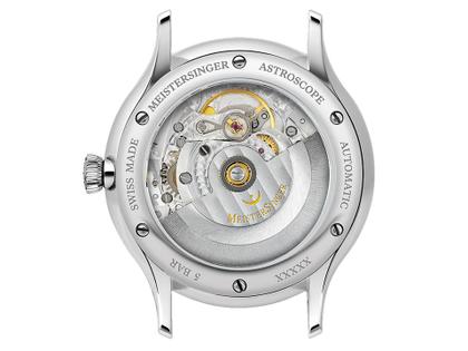 MeisterSinger Astroscope Einzeigeruhr beige-schwarzes Zifferblatt braunes Lederband – Herrenuhren Uhr mit Datum aus Edelstahl. Das Gehäuse ist rund und silber. Das Lederarmband ist braun. Das Zifferblatt ist arabisch und schwarz. – Ansicht 3