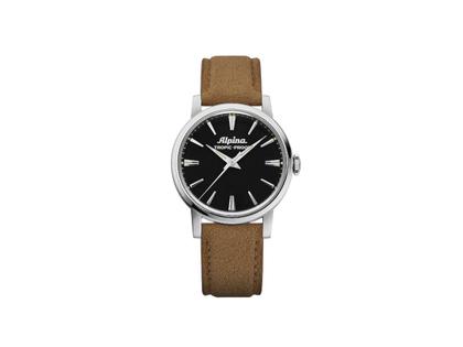 Herrenuhren Uhr ohne Datum aus Edelstahl und Leder. Das Gehäuse ist rund und silber. Das Lederarmband ist braun. Das Zifferblatt ist ein Index in schwarz.