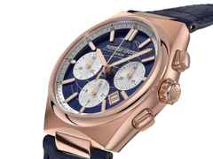 Frederique Constant Highlife Chronograph Automatic Edelstahl Roségold-PVD 41mm blau-weißes Zifferblatt blaues Lederband – Herrenuhren Chronograph aus Edelstahl und Leder. Das Gehäuse ist rund und roségold. Das Lederarmband ist blau. Das Zifferblatt ist ein Index in blau. – Ansicht 3