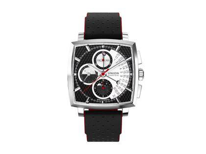 Herrenuhren Chronograph aus Edelstahl. Das Gehäuse ist quadratisch und silber. Das Lederarmband ist schwarz. Das Zifferblatt ist ein Index in schwarz.