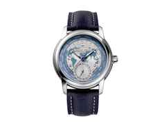 Frederique Constant Classics Worldtimer GMT Nativ Edition 2022 Manufacture Automatik Edelstahl 42mm hellblaues Zifferblatt blaues Lederband – Herrenuhren Uhr mit Datum aus Edelstahl und Leder. Das Gehäuse ist rund und silber. Das Lederarmband Kroko / Alligator ist blau. Das Zifferblatt ist ein Index in blau.