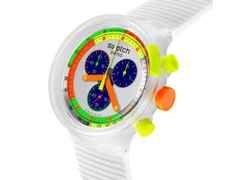 Swatch Neon Jelly Quarz Kunststoff 47mm mehrfarbiges Zifferblatt weißes Silikonband – Herrenuhren Chronograph aus Bio-Kunststoff und Kunststoff. Das Gehäuse ist rund und weiß. Das Kautschuk / Kunststoff / Silikon Armband ist weiß. Das Zifferblatt ist arabisch Index und mehrfarbig. – Ansicht 2