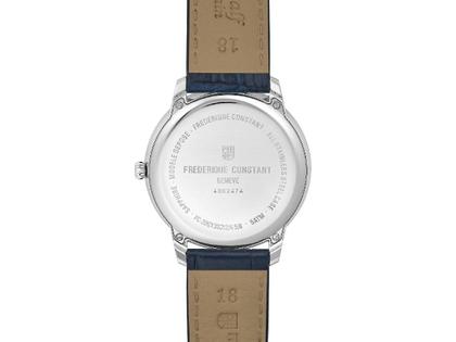 Frederique Constant Classics Moneta Moonphase Quarz 37mm blaues Zifferblatt blaues Lederband – Herrenuhren Uhr ohne Datum aus Edelstahl und Leder. Das Gehäuse ist rund und silber. Das Lederarmband ist blau. Das Zifferblatt ist ein Index in blau. – Ansicht 2