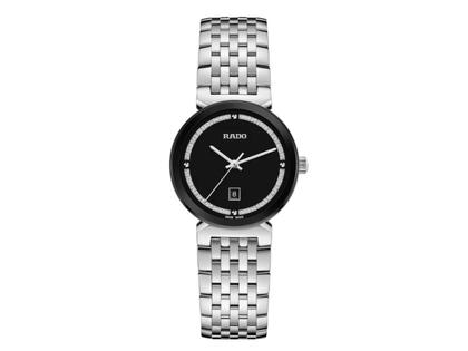 Rado Florence Quarz Edelstahl 30mm schwarzes Zifferblatt Metallband – Damenuhren Uhr mit Datum aus Edelstahl und rhodiniert. Das Gehäuse ist rund und silber. Das Edelstahlarmband ist silber. Das Zifferblatt ist ein Index in schwarz.