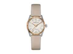 Hamilton Jazzmaster Performer Auto Edelstahl 34mm Perlmutt-Zifferblatt beiges Lederband – Damenuhren Uhr ohne Datum aus Edelstahl und Leder. Das Gehäuse ist rund und silber. Das Lederarmband ist beige. Das Zifferblatt ist ein Index in weiß.