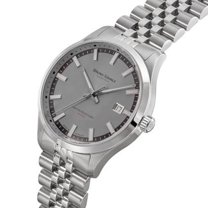 Bruno Söhnle Glashütte Turin Automatik Edelstahl 39,5mm graues Zifferblatt Metallband – Herrenuhren Uhr mit Datum aus Edelstahl. Das Gehäuse ist rund und silber. Das Edelstahlarmband ist silber. Das Zifferblatt ist ein Index in grau. – Ansicht 2