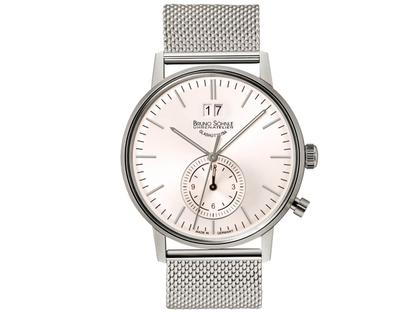 Bruno Söhnle Glashütte Stuttgart GMT Quarz silber Index Milanaiseband – Herrenuhren Uhr mit Datum aus Edelstahl und Leder. Das Gehäuse ist rund und silber. Das Edelstahlarmband ist silber. Das Zifferblatt ist ein Index in silber.