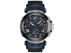 Tissot T-Race MotoGP               2020 / 2021 Chronograph Limited Edition Thomas Lüthi Quarz – Herrenuhren Chronograph aus Edelstahl und PVD beschichtet. Das Gehäuse ist rund und silber. Das Lederarmband ist schwarz. Das Zifferblatt ist arabisch Index und schwarz.