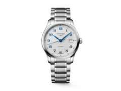 Longines Master Collection Automatik Edelstahl 39mm silbernes Zifferblatt Metallband – Herrenuhren Uhr mit Datum aus Edelstahl. Das Gehäuse ist rund und silber. Das Edelstahlarmband ist silber. Das Zifferblatt ist arabisch und silber.