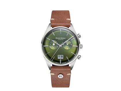 Bruno Söhnle Glashütte Merano Chronograph Quarz Edelstahl 40mm grünes Zifferblatt braunes Lederband – Herrenuhren Chronograph aus Edelstahl. Das Gehäuse ist rund und silber. Das Lederarmband ist braun. Das Zifferblatt ist ein Index in grün.