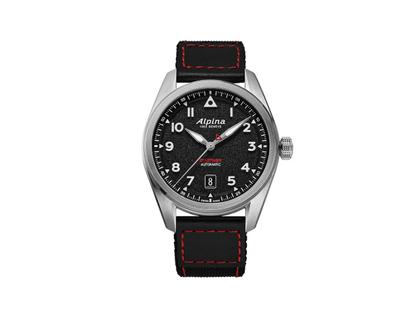 Herrenuhren Uhr mit Datum aus Edelstahl. Das Gehäuse ist rund und silber. Das Textilarmband ist schwarz. Das Zifferblatt ist arabisch Index und schwarz.