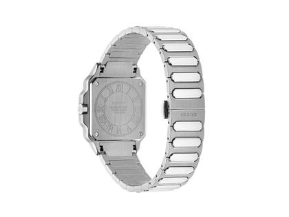 Gucci G-Flat Quarz Edelstahl 30mm schwarzes Zifferblatt Metallband YA166505 – Damenuhren Uhr mit Datum aus Edelstahl. Das Gehäuse ist rechteckig und silber. Das Edelstahlarmband ist silber. Das Zifferblatt ist römisch Index und schwarz. – Ansicht 2