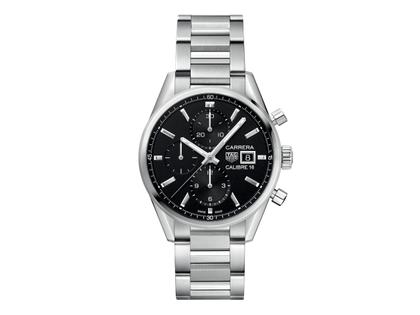 TAG Heuer Carrera Chronograph Automatik Edelstahl 41mm schwarzes Zifferblatt Metallband – Herrenuhren Chronograph aus Edelstahl. Das Gehäuse ist rund und silber. Das Edelstahlarmband ist silber. Das Zifferblatt ist ein Index in schwarz.