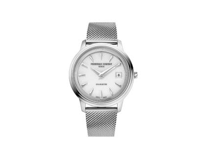 Frederique Constant Classics Moneta Solarmetre Quarz Edelstahl 39mm weißes Zifferblatt braunes Lederband und Metallband – Herrenuhren Uhr mit Datum aus Edelstahl. Das Gehäuse ist rund und silber. Das Lederarmband ist braun. Das Zifferblatt ist ein Index in weiß. – Ansicht 2