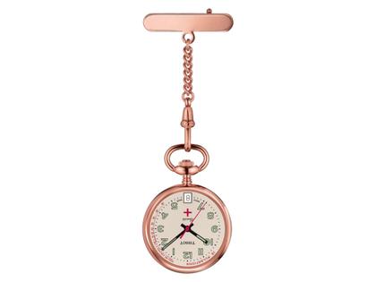 Tissot T-Pocket Taschenuhr Infirmières Quarz Edelstahl PVD-beschichtet 30,1mm beigefarbenes Zifferblatt – Taschenuhren Quarz Taschenuhr aus Edelstahl und PVD beschichtet. Das Gehäuse ist rund und roségold. Das Armband ist roségold. Das Zifferblatt ist arabisch und beige.