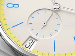 Nomos Glashütte Tangente 38 Datum "175 Years Watchmaking - Lemonbiscuit" Handaufzug Edelstahl cremeweißes Zifferblatt graues Textilband Glasboden – Herrenuhren Uhr mit Datum aus Edelstahl. Das Gehäuse ist rund und silber. Das Textilarmband ist grau. Das Zifferblatt ist arabisch Index und beige. – Ansicht 5