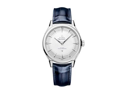 Herrenuhren Uhr ohne Datum aus 750 Weißgold, Edelstahl und Leder. Das Gehäuse ist rund und silber. Das Lederarmband Kroko / Alligator ist blau. Das Zifferblatt ist ein Index in silber.