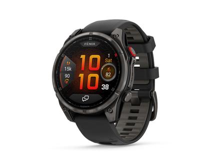 Garmin fenix 8 Pro 47mm AMOLED faserverstärktes Polymer und Titan DLC-Carbongrau digitales Zifferblatt schwarzes Silikonband – Herrenuhren Uhr Multifunktion aus DLC beschichtet, Kunststoff und Titan. Das Gehäuse ist rund und grau. Das Kautschuk / Kunststoff / Silikon Armband ist schwarz. Das Zifferblatt ist digital und schwarz. – Ansicht 2