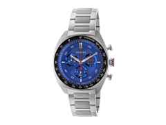 Gucci Interlocking Chronograph Quarz Edelstahl 41mm blaues Zifferblatt Metallband YA142317 – Herrenuhren Chronograph aus Edelstahl und Keramik. Das Gehäuse ist rund und silber. Das Edelstahlarmband ist silber. Das Zifferblatt ist ein Index in blau.