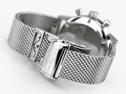 Hamilton American Classic Intra-Matic Chronograph H Handaufzug Edelstahl 40mm grünes Zifferblatt grünes Lederband – Herrenuhren Chronograph aus Edelstahl. Das Gehäuse ist rund und silber. Das Lederarmband ist grün. Das Zifferblatt ist ein Index in grün. – Ansicht 4