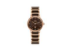 Rado Centrix Diamonds Automatik Edelstahl Roségold-PVD 30,5mm braunes Zifferblatt mit Brillanten Metallband – Damenuhren Uhr mit Datum aus Edelstahl, Keramik und PVD beschichtet. Das Gehäuse ist rund und roségold. Das Keramikarmband ist braun. Das Zifferblatt ist ein Index in braun.