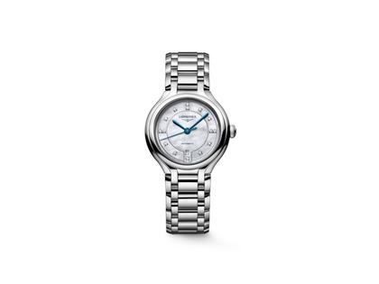 Longines PrimaLuna Automatik Edelstahl 30mm weißes Zifferblatt mit Diamanten Metallband – Damenuhren Uhr mit Datum aus Edelstahl. Das Gehäuse ist rund und silber. Das Edelstahlarmband ist silber. Das Zifferblatt ist ein Index in weiß.
