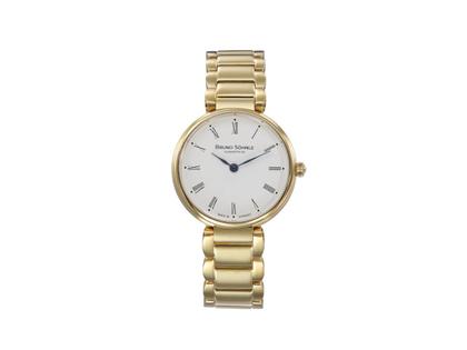 Bruno Söhnle Glashütte Salerno II Quarz Edelstahl IP-Gelbgold 32,5mm weißes Zifferblatt Metallband – Damenuhren Uhr ohne Datum aus Edelstahl und IP beschichtet. Das Gehäuse ist rund und gelbgold. Das vergoldetes Edelstahlarmband ist gelbgold. Das Zifferblatt ist römisch und weiß.