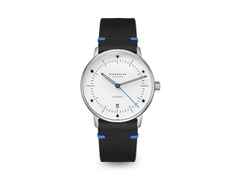 Sternglas Naos Edition Bauhaus X Blau Automatik Edelstahl 38mm beiges Zifferblatt schwarzes Lederband – Herrenuhren Uhr mit Datum aus Edelstahl. Das Gehäuse ist rund und silber. Das Lederarmband ist schwarz. Das Zifferblatt ist ein Index in beige.