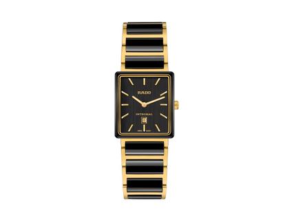Damenuhren Uhr mit Datum aus Edelstahl, Keramik und PVD beschichtet. Das Gehäuse ist rechteckig und gelbgold. Das Edelstahlarmband ist schwarz. Das Zifferblatt ist ein Index in schwarz.