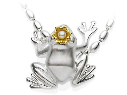Drachenfels Design Froschkönig großer Anhänger mit Krönchen gelbvergoldet und Süßwasserzuchtperle – Anhänger Anhänger mit Besatz aus 925 Silber.