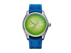 H. Moser & Cie. Pioneer Centre Seconds Concept Citrus Green Automatik Edelstahl 42,8mm grünes Zifferblatt blaues Kautschukband – Herrenuhren Uhr ohne Datum aus Edelstahl. Das Gehäuse ist rund und silber. Das Kautschuk / Kunststoff / Silikon Armband ist blau. Das Zifferblatt ist ohne Zeichen und grün.