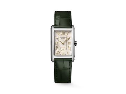 Longines DolceVita Quarz Edelstahl 23x37mm elfenbeinfarbenes Zifferblatt grünes Lederband – Damenuhren Uhr ohne Datum aus Edelstahl und Leder. Das Gehäuse ist rechteckig und silber. Das Lederarmband ist grün. Das Zifferblatt ist römisch und beige.