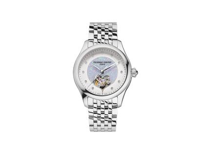 Frederique Constant Classics Ladies Double Heart Beat Automatik Edelstahl 36mm Opal-Zifferblatt Metallband – Damenuhren Uhr ohne Datum aus Edelstahl. Das Gehäuse ist rund und silber. Das Edelstahlarmband ist silber. Das Zifferblatt ist ein Index in mehrfarbig.