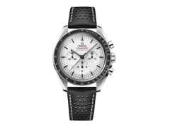 Omega Speedmaster Moonwatch Professional Chronograph Handaufzug Edelstahl 42mm weißes Zifferblatt schwarzes Lederband – Herrenuhren Chronograph aus Edelstahl, eloxiertes Aluminium und Leder. Das Gehäuse ist rund und silber. Das Lederarmband ist schwarz. Das Zifferblatt ist ein Index in weiß.