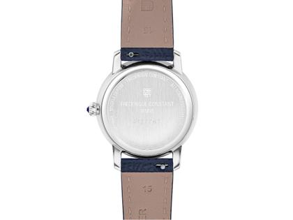 Frederique Constant Classics Slimline Ladies Moonphase Quarz Edelstahl 30mm weißes Zifferblatt blaues Lederband – Damenuhren Uhr ohne Datum aus Edelstahl und Leder. Das Gehäuse ist rund und silber. Das Lederarmband ist blau. Das Zifferblatt ist römisch und weiß. – Ansicht 3