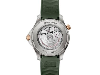 Omega Seamaster Diver 300M Automatik Titan 42mm grünes Zifferblatt grünes Kautschukband – Herrenuhren Uhr ohne Datum aus 375 Gelbgold, Aluminium, Bronze, Kautschuk und Titan. Das Gehäuse ist rund und silber. Das Kautschuk / Kunststoff / Silikon Armband ist grün. Das Zifferblatt ist ein Index in grün. – Ansicht 3
