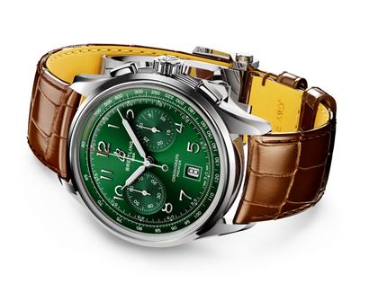 Breitling Premier B01 Chronograph 42 Automatik Edelstahl grünes Zifferblatt braunes Lederband – Herrenuhren Chronograph aus Edelstahl. Das Gehäuse ist rund und silber. Das Lederarmband Kroko / Alligator ist braun. Das Zifferblatt ist arabisch und grün. – Ansicht 2