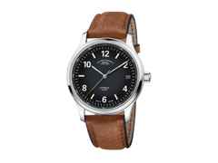 Mühle Glashütte Lunova Datum Automatik Edelstahl 42,3mm schwarz-graues Zifferblatt Vintage-Lederband – Herrenuhren Uhr mit Datum aus Edelstahl. Das Gehäuse ist rund und silber. Das Lederarmband ist braun. Das Zifferblatt ist arabisch Index und schwarz.