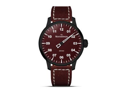 MeisterSinger Archao Automatik Edelstahl Schwarz-DLC 43mm rotes Zifferblatt rotes Lederband – Herrenuhren Uhr ohne Datum aus DLC beschichtet, Edelstahl und Leder. Das Gehäuse ist rund und schwarz. Das Lederarmband ist rot. Das Zifferblatt ist arabisch Index und rot.