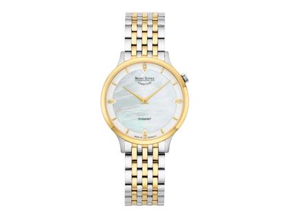 Bruno Söhnle Glashütte Bologna III Quarz Edelstahl gelbgoldfarben beschichtet 35mm weißes Perlmutt-Zifferblatt Metallband bicolor – Damenuhren Uhr ohne Datum aus Edelstahl und PVD beschichtet. Das Gehäuse ist rund und silber-gelbgold. Das Edelstahlarmband ist silber-gelbgold. Das Zifferblatt ist ein Index in weiß.