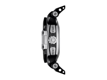 Tissot T-Race MotoGP                2022 Chronograph  Limited Edition Automatik schwarz PVD – Herrenuhren Chronograph aus Edelstahl und PVD beschichtet. Das Gehäuse ist rund und silber. Das Lederarmband ist schwarz. Das Zifferblatt ist arabisch und schwarz. – Ansicht 3