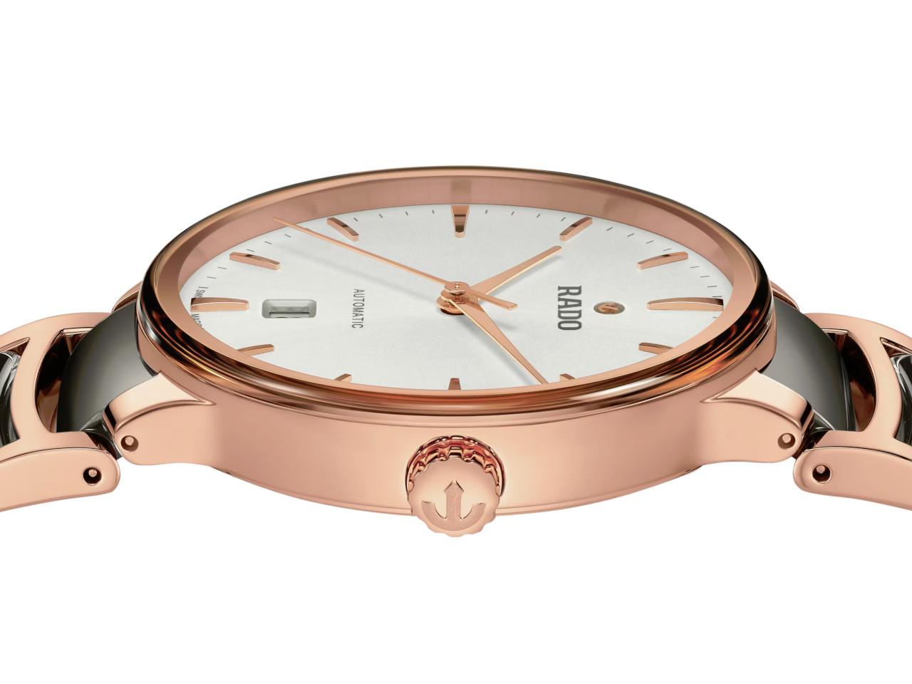 Rado Centrix Automatik Edelstahl Roségold-PVD 39,5mm weißes Zifferblatt Metallband – Herrenuhren Uhr mit Datum aus Edelstahl, Keramik und PVD beschichtet. Das Gehäuse ist rund und roségold. Das Keramikarmband ist grau. Das Zifferblatt ist ein Index in weiß. – Ansicht 3