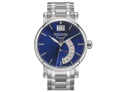 Bruno Söhnle Glashütte Pesaro I Quarz Edelstahl 43mm blaues Zifferblatt Metallband – Herrenuhren Uhr mit Datum aus Edelstahl. Das Gehäuse ist rund und silber. Das Edelstahlarmband ist silber. Das Zifferblatt ist ein Index in blau.