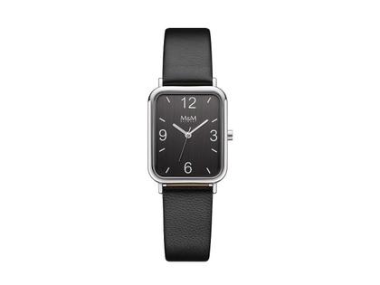 M&M Square Line Quarz Edelstahl 38x26mm schwarzes Zifferblatt schwarzes Lederband – Damenuhren Uhr ohne Datum aus Edelstahl. Das Gehäuse ist rechteckig und silber. Das Lederarmband ist schwarz. Das Zifferblatt ist arabisch Index und schwarz.