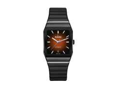 Rado Anatom Automatik Keramik 32,5mm schwarz-rotes Zifferblatt schwarzes Kautschukband – Damenuhren Uhr mit Datum aus Edelstahl, Kautschuk und Keramik. Das Gehäuse ist rechteckig und schwarz. Das Kautschuk / Kunststoff / Silikon Armband ist schwarz. Das Zifferblatt ist ein Index in rot.